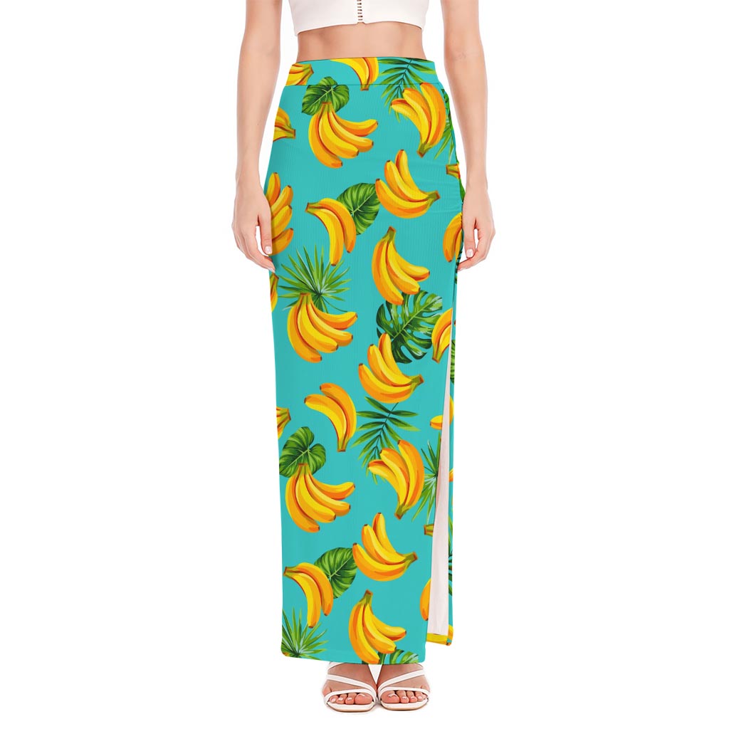 Tropical Banana Leaf Pattern Print High Slit Maxi Skirt