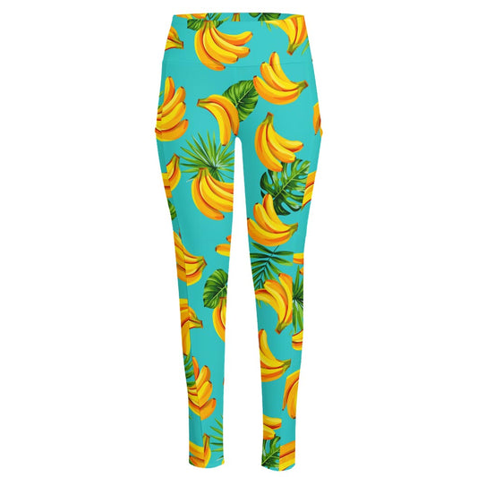 Tropical Banana Leaf Pattern Print High-Waisted Pocket Leggings