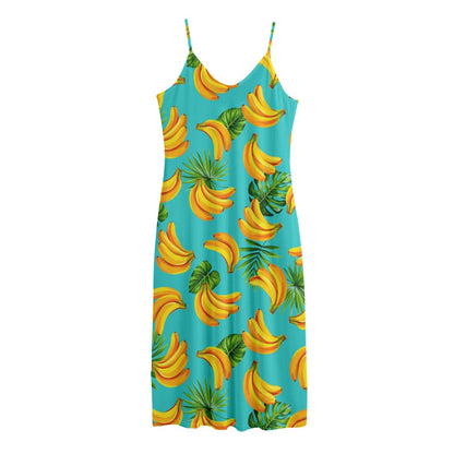 Tropical Banana Leaf Pattern Print Jersey Midi Cami Dress