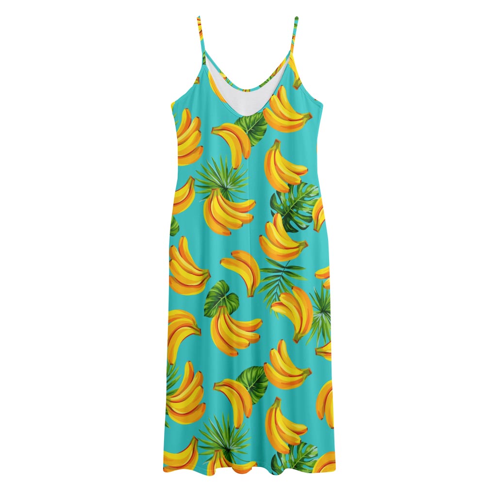 Tropical Banana Leaf Pattern Print Jersey Midi Cami Dress