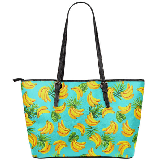 Tropical Banana Leaf Pattern Print Leather Tote Bag