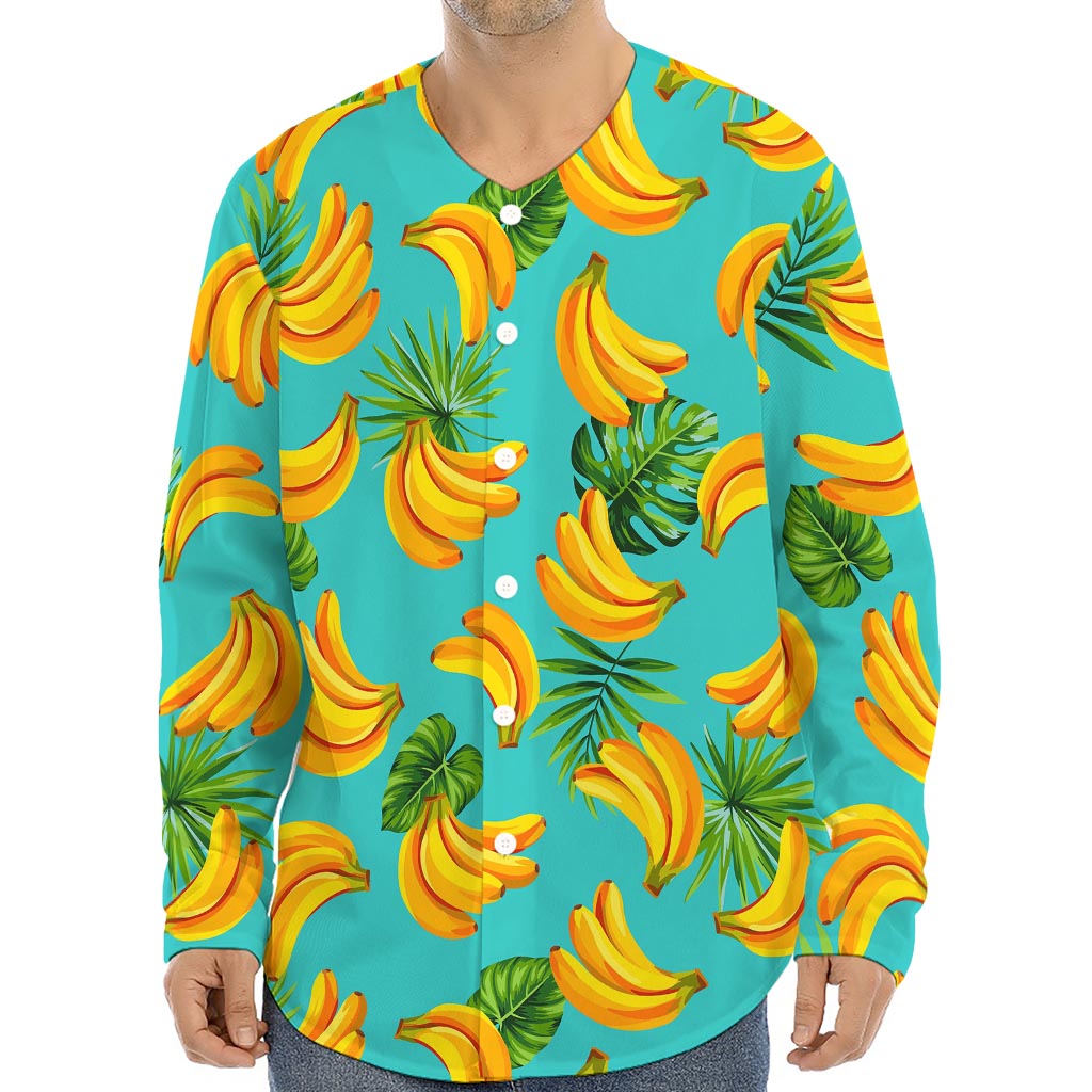 Tropical Banana Leaf Pattern Print Long Sleeve Baseball Jersey