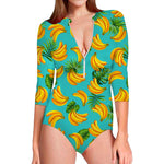 Tropical Banana Leaf Pattern Print Long Sleeve Swimsuit