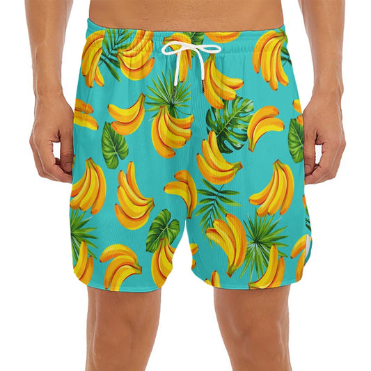 Tropical Banana Leaf Pattern Print Men's Split Running Shorts