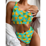 Tropical Banana Leaf Pattern Print One Shoulder Bikini Top