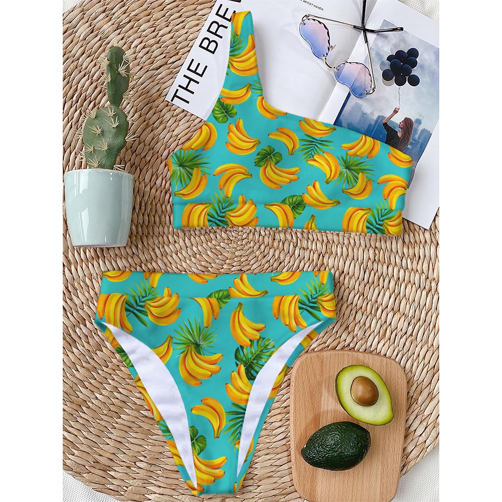 Tropical Banana Leaf Pattern Print One Shoulder Bikini Top