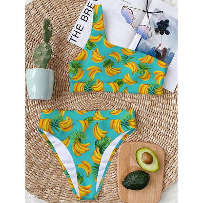 Tropical Banana Leaf Pattern Print One Shoulder Bikini Top