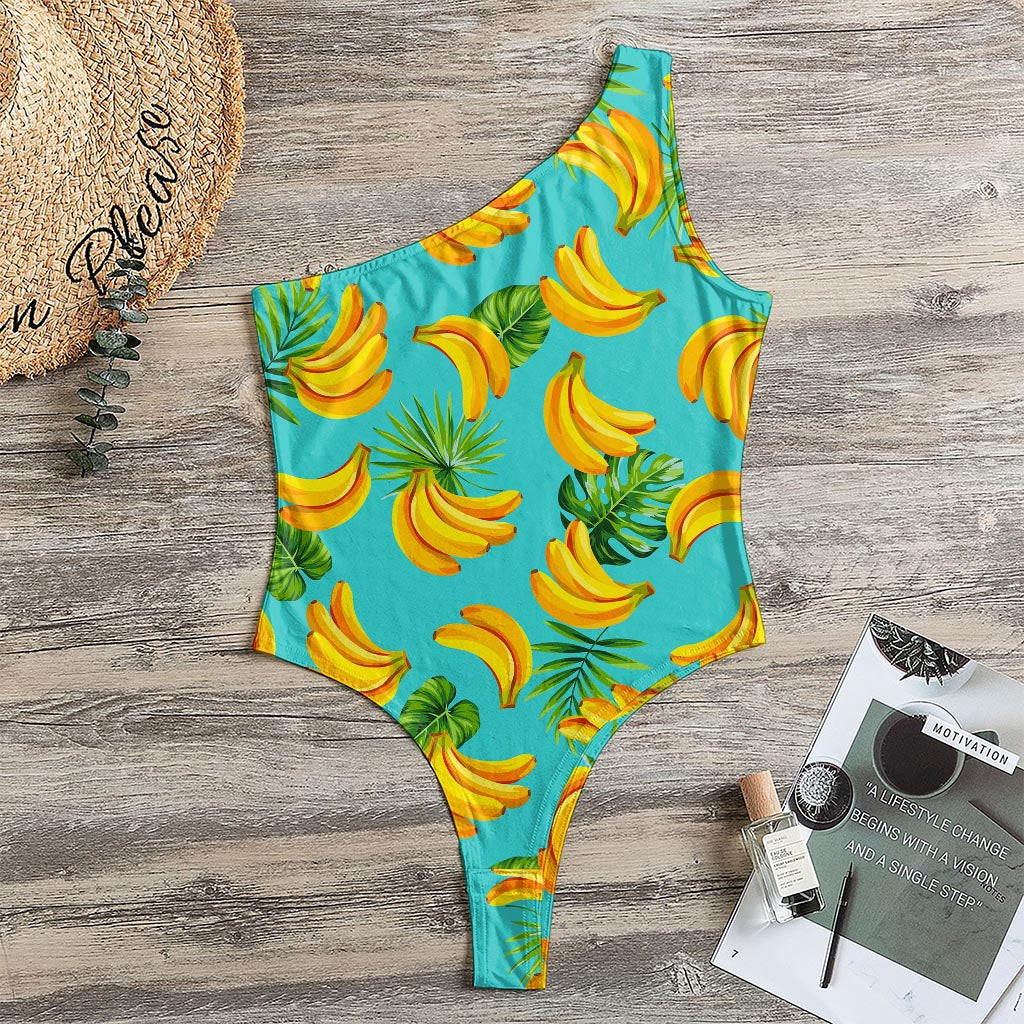 Tropical Banana Leaf Pattern Print One Shoulder Bodysuit