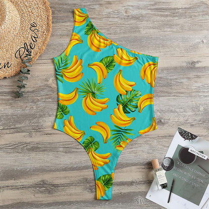 Tropical Banana Leaf Pattern Print One Shoulder Bodysuit