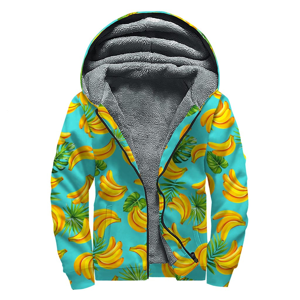 Tropical Banana Leaf Pattern Print Sherpa Lined Zip Up Hoodie