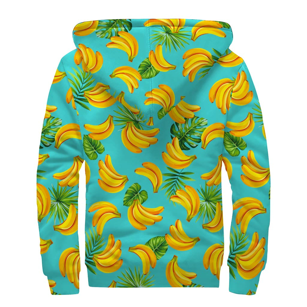 Tropical Banana Leaf Pattern Print Sherpa Lined Zip Up Hoodie