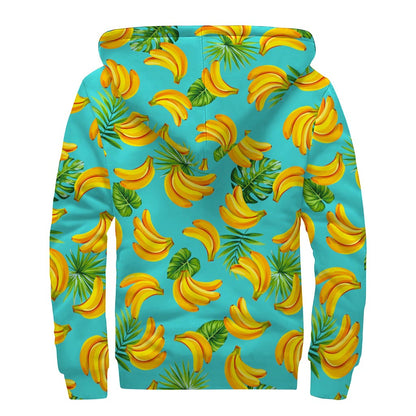 Tropical Banana Leaf Pattern Print Sherpa Lined Zip Up Hoodie