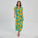 Tropical Banana Leaf Pattern Print Short Sleeve Maxi Dress