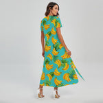 Tropical Banana Leaf Pattern Print Short Sleeve Maxi Dress