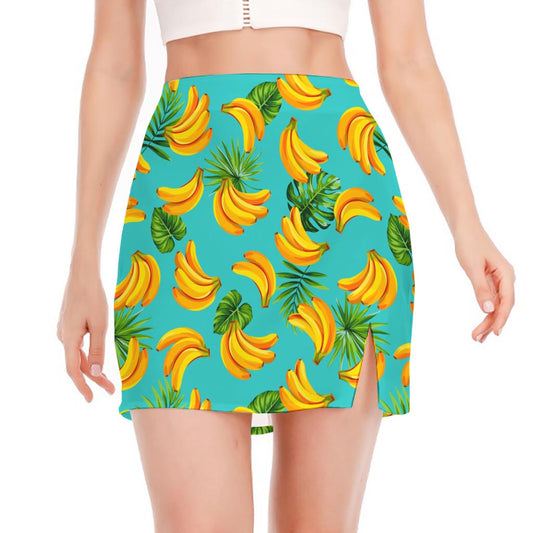 Tropical Banana Leaf Pattern Print Side Slit Mini Skirt
