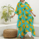 Tropical Banana Leaf Pattern Print Silk V-Neck Kaftan Dress