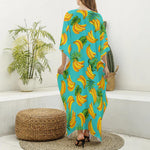 Tropical Banana Leaf Pattern Print Silk V-Neck Kaftan Dress