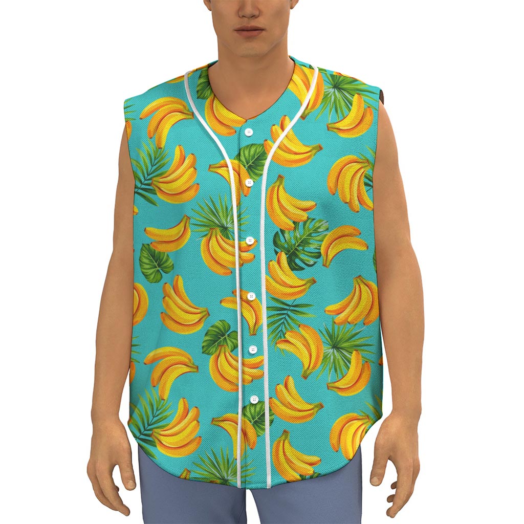Tropical Banana Leaf Pattern Print Sleeveless Baseball Jersey