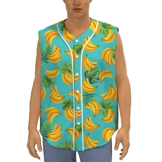 Tropical Banana Leaf Pattern Print Sleeveless Baseball Jersey