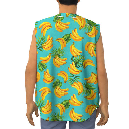 Tropical Banana Leaf Pattern Print Sleeveless Baseball Jersey