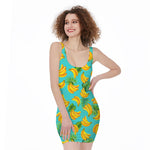 Tropical Banana Leaf Pattern Print Sleeveless Bodycon Dress