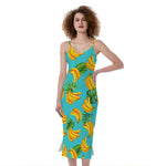 Tropical Banana Leaf Pattern Print Slim Fit Midi Cami Dress