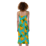 Tropical Banana Leaf Pattern Print Slim Fit Midi Cami Dress