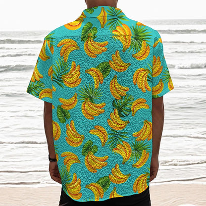 Tropical Banana Leaf Pattern Print Textured Short Sleeve Shirt