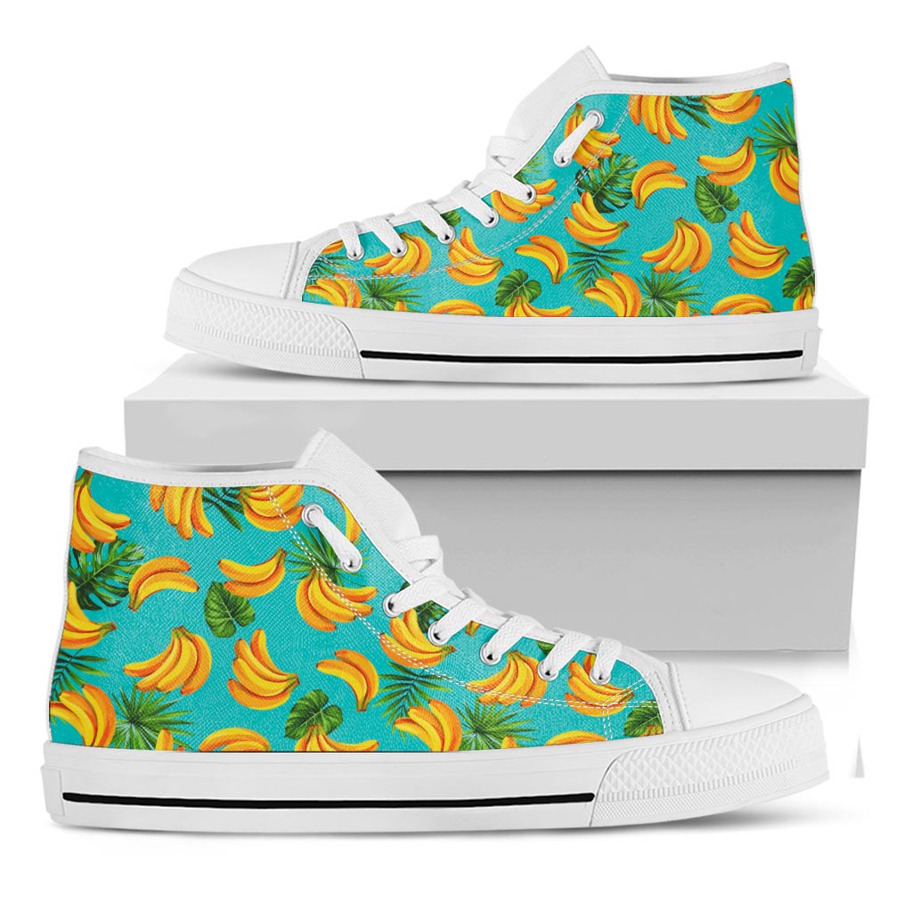 Tropical Banana Leaf Pattern Print White High Top Sneakers