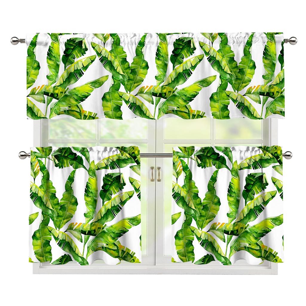 Tropical Banana Leaves Pattern Print 3 Piece Kitchen Curtains