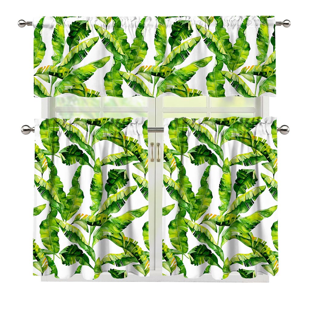 Tropical Banana Leaves Pattern Print 3 Piece Kitchen Curtains