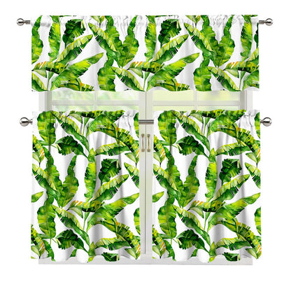 Tropical Banana Leaves Pattern Print 3 Piece Kitchen Curtains
