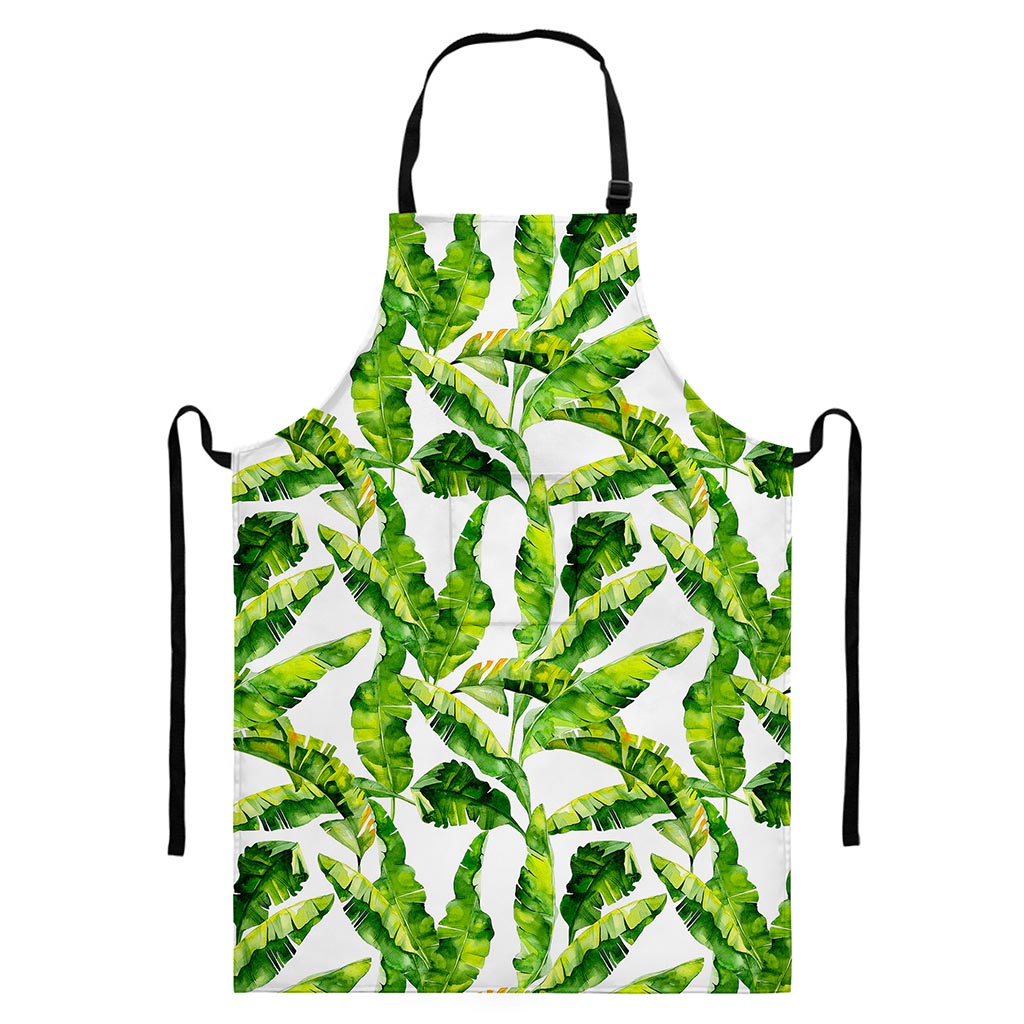 Tropical Banana Leaves Pattern Print Bib Apron With Pocket