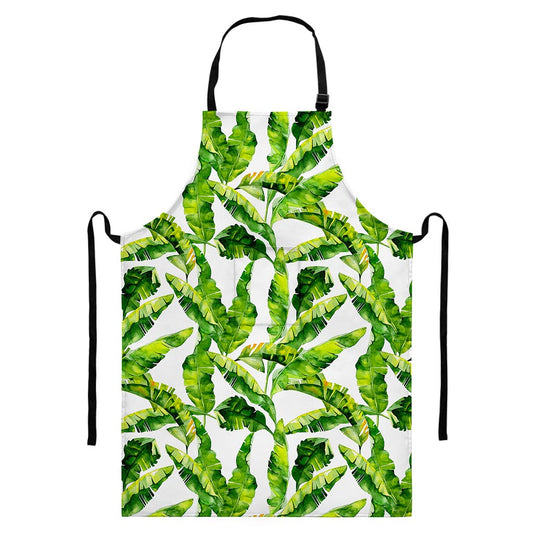 Tropical Banana Leaves Pattern Print Bib Apron With Pocket