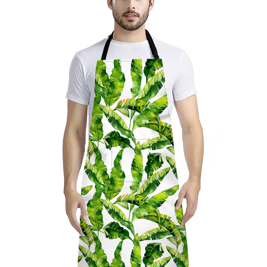 Tropical Banana Leaves Pattern Print Bib Apron With Pocket