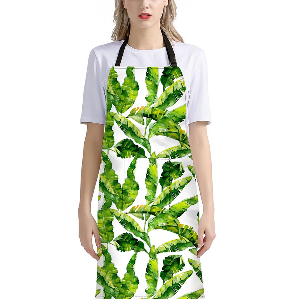 Tropical Banana Leaves Pattern Print Bib Apron With Pocket