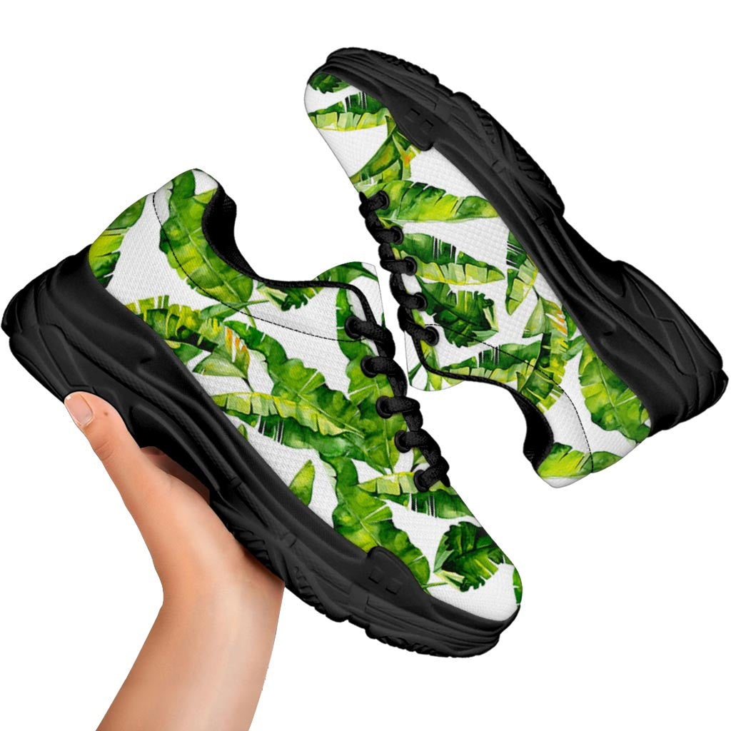 Tropical Banana Leaves Pattern Print Black Chunky Shoes