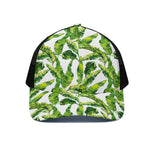 Tropical Banana Leaves Pattern Print Black Mesh Trucker Cap