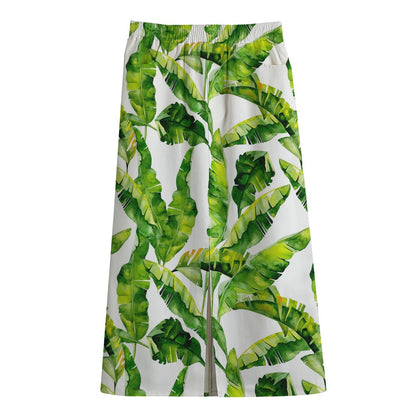 Tropical Banana Leaves Pattern Print Cotton Front Slit Maxi Skirt