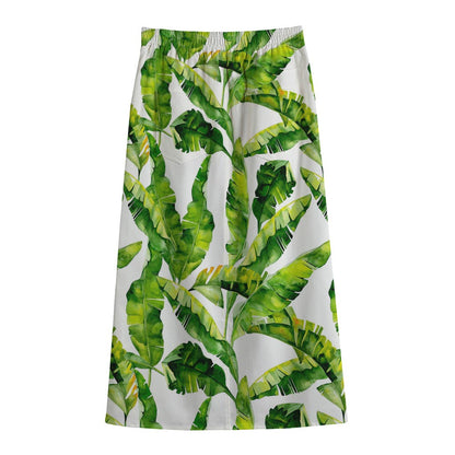 Tropical Banana Leaves Pattern Print Cotton Front Slit Maxi Skirt