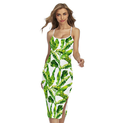 Tropical Banana Leaves Pattern Print Cross Back Cami Dress
