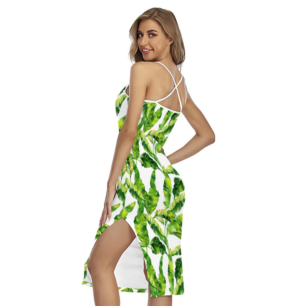 Tropical Banana Leaves Pattern Print Cross Back Cami Dress
