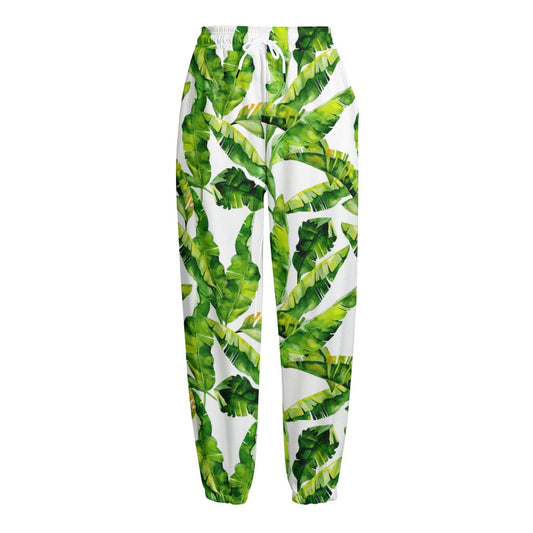 Tropical Banana Leaves Pattern Print Fleece Lined Knit Pants