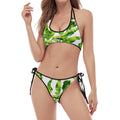 Tropical Banana Leaves Pattern Print Halter Scoop Tie Side Bikini