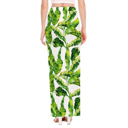 Tropical Banana Leaves Pattern Print High Slit Maxi Skirt