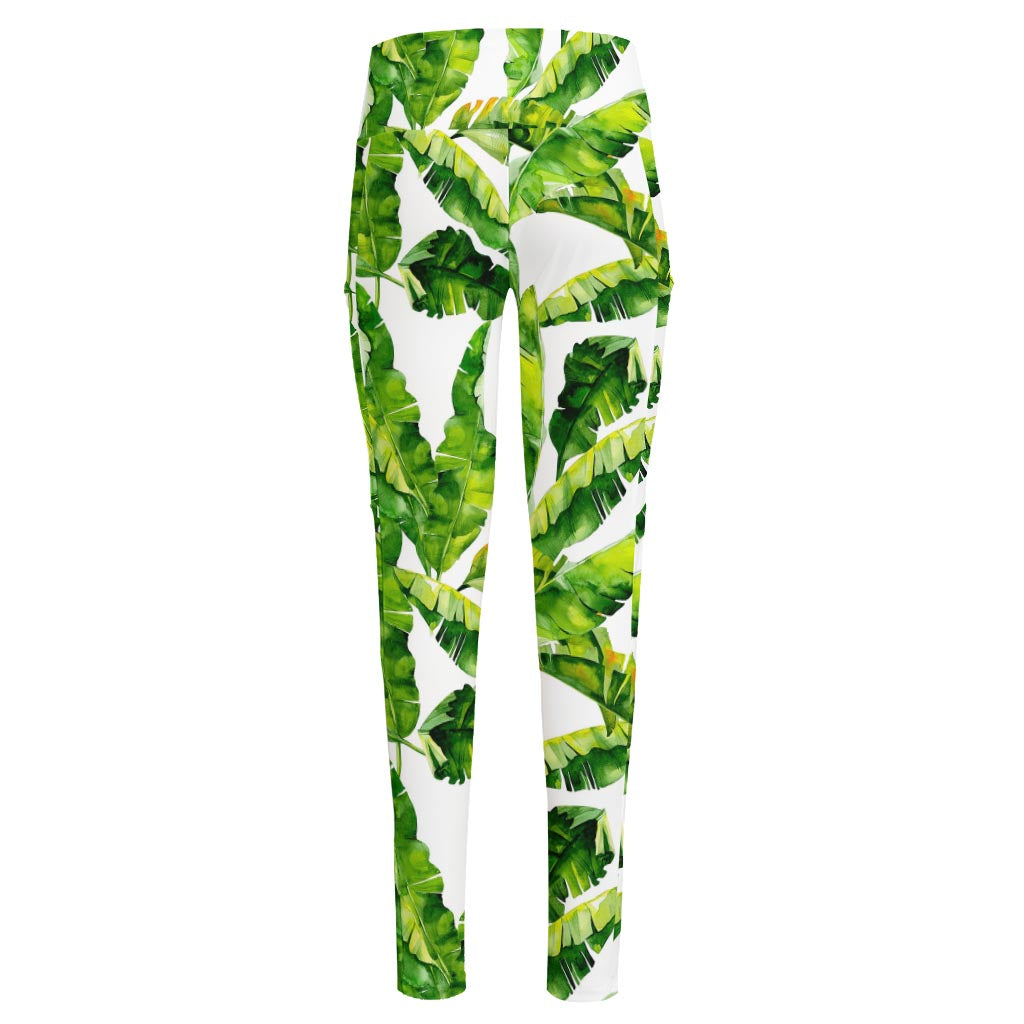 Tropical Banana Leaves Pattern Print High-Waisted Pocket Leggings