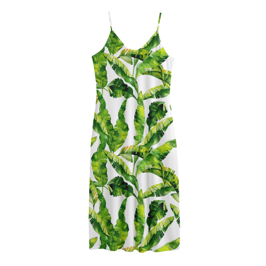 Tropical Banana Leaves Pattern Print Jersey Midi Cami Dress