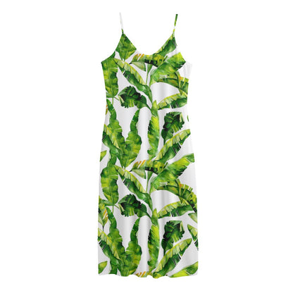 Tropical Banana Leaves Pattern Print Jersey Midi Cami Dress
