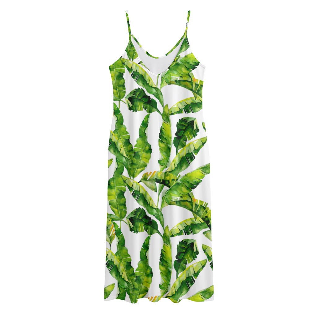 Tropical Banana Leaves Pattern Print Jersey Midi Cami Dress