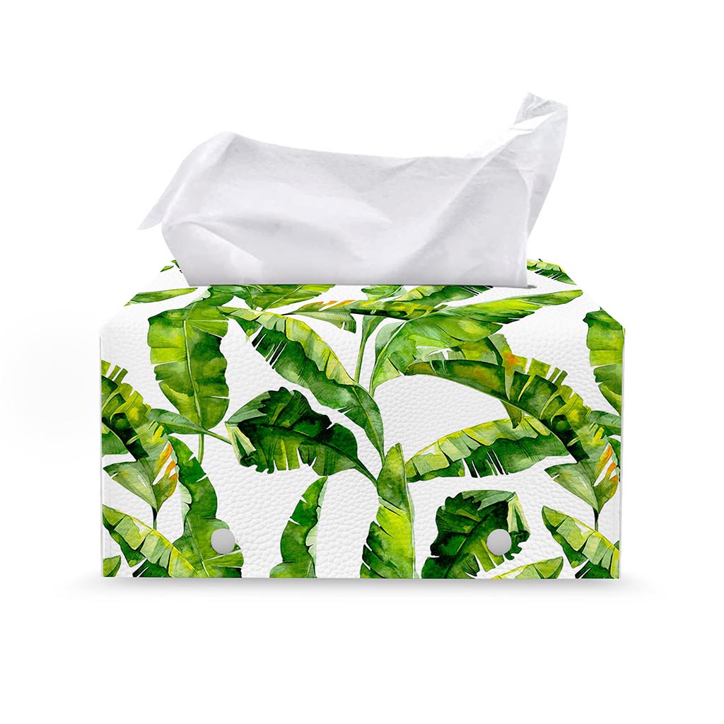 Tropical Banana Leaves Pattern Print Leather Tissue Box Cover